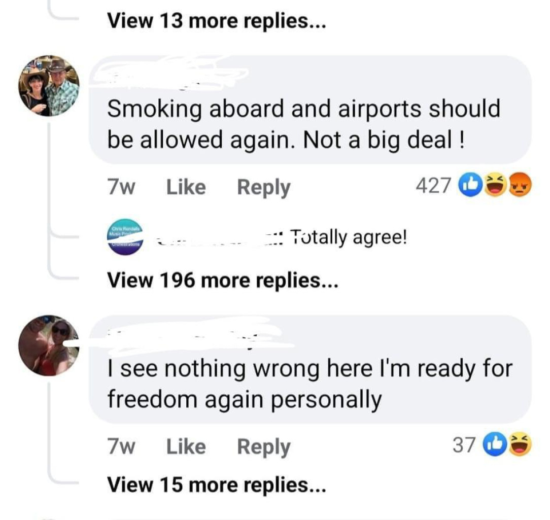 Found in the wild in a boomer group I’m in. Smoking on airplanes