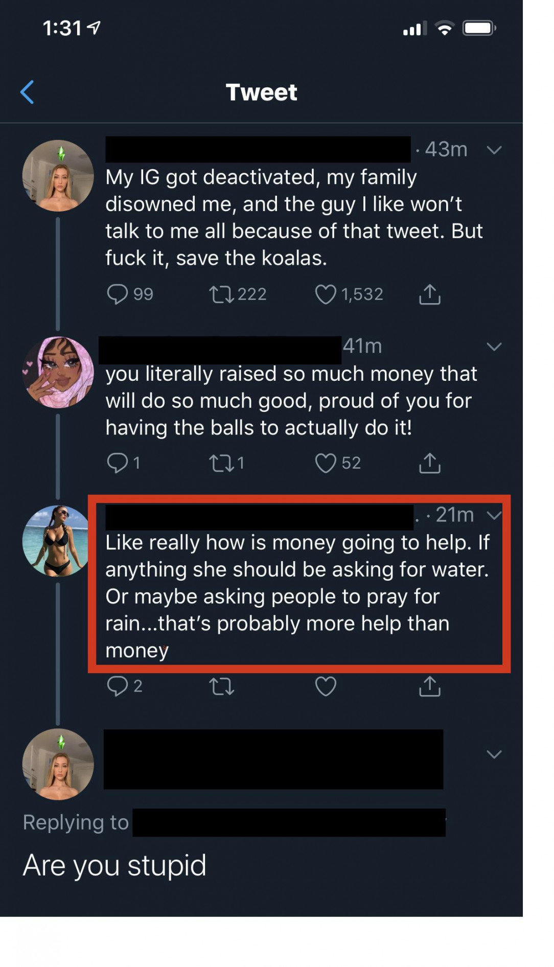 Girl raises over $100K for the wild fires in Australia. Other girl thinks that prayers would be more helpful