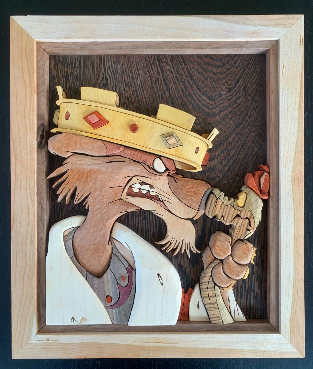 Woodwork of Prince John and Hiss of Robin Hood - all natural wood with no stains or dyes. 11”x9”