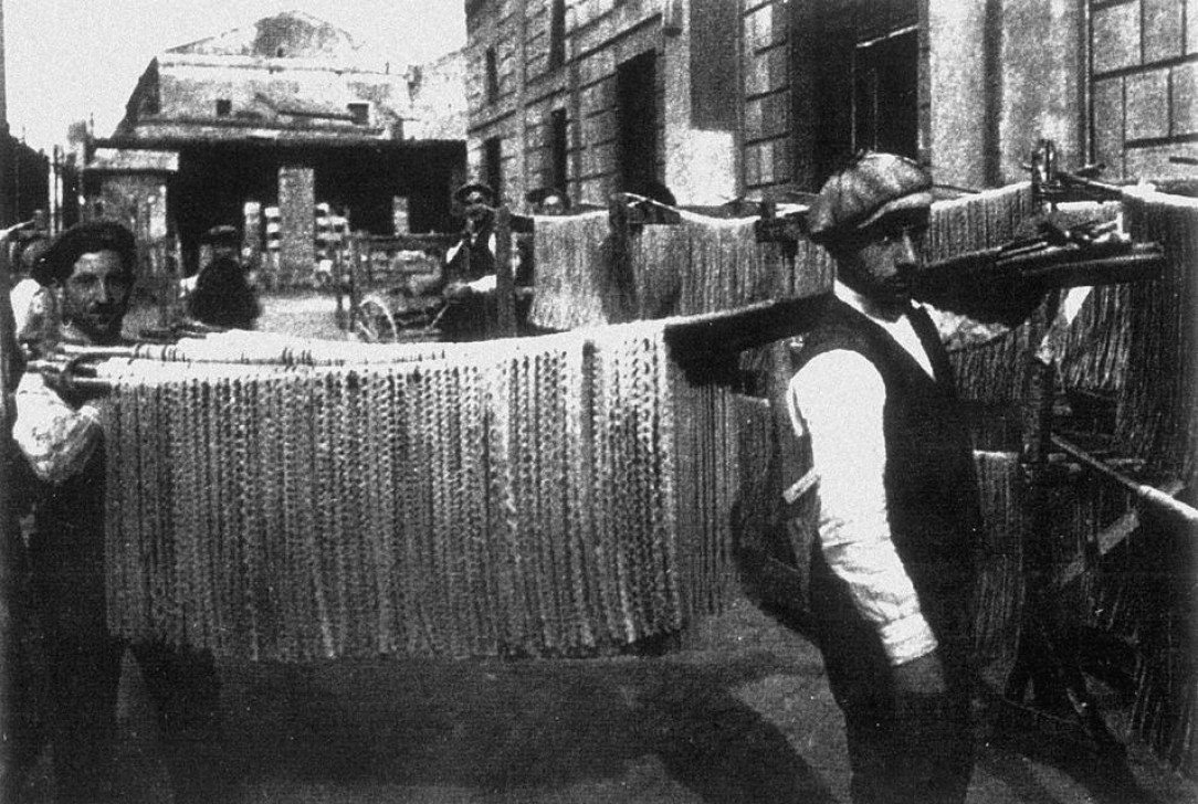 Pasta being hung to dry in the sun. Gragnano, Italy, late 1800s