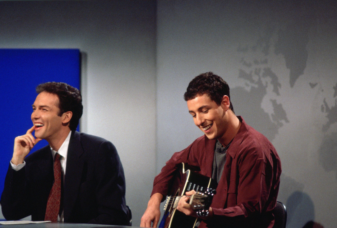Norm MacDonald during Adam Sandler&#039;s performance of &#039;The Chanukah Song&#039; 1994