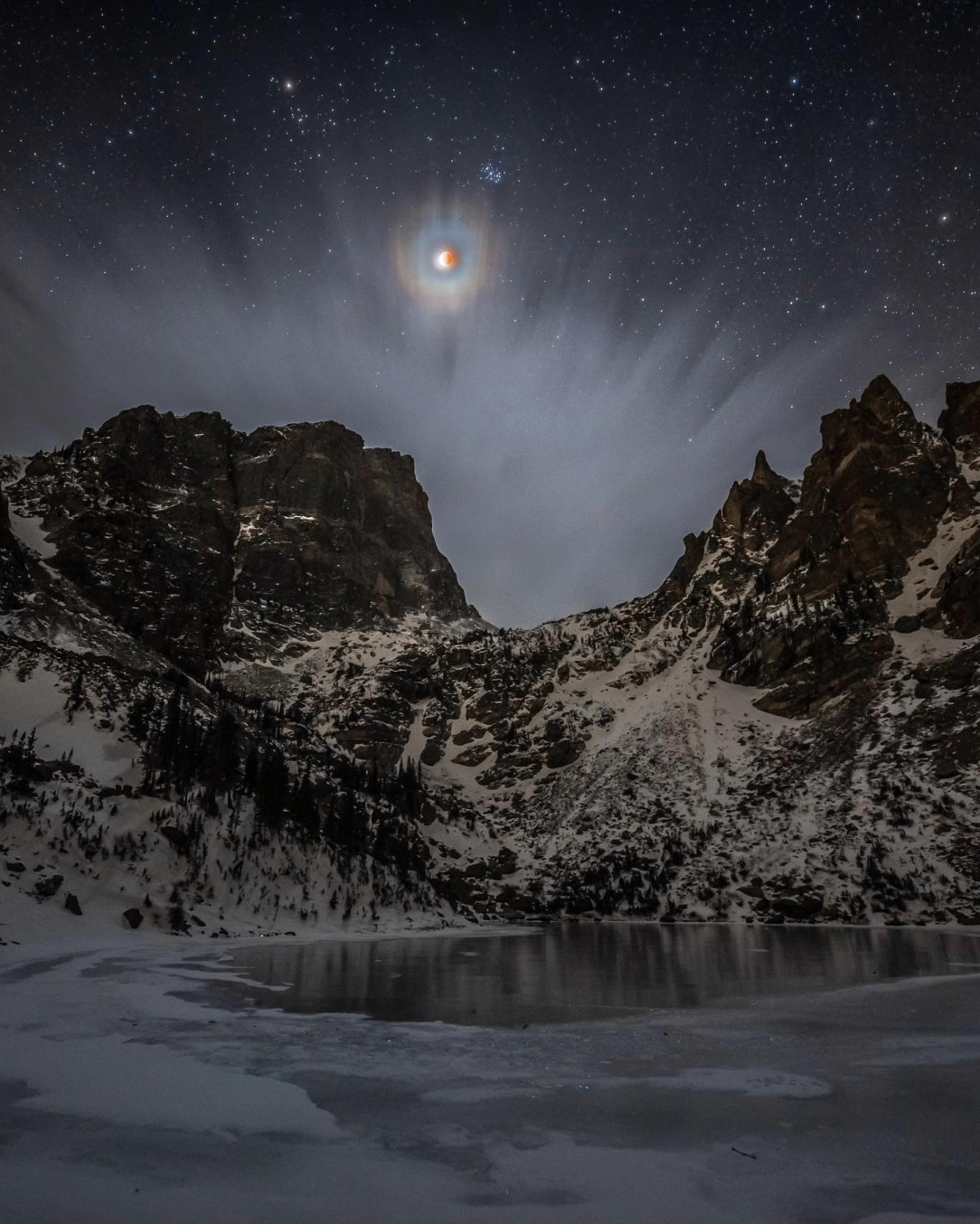 Watched the eclipse from a frozen lake in Rocky Mountain National Park