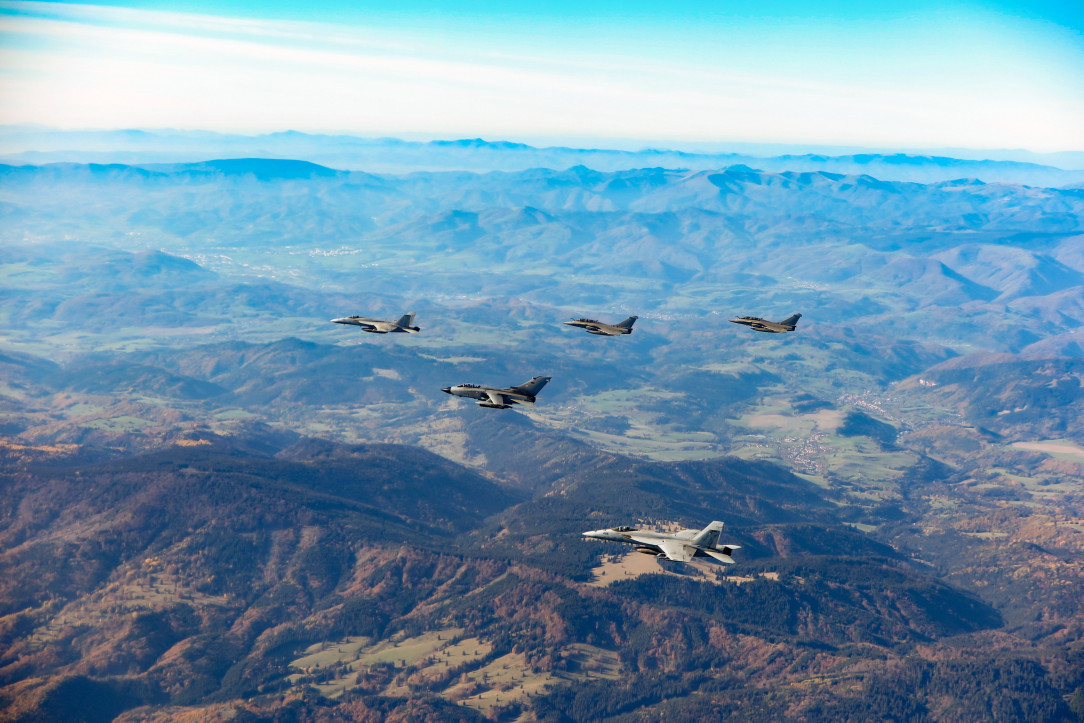 US navy, German and French air forces flying in formation during the NATO-led exercise Neptune Strike (NEST 22. 2)