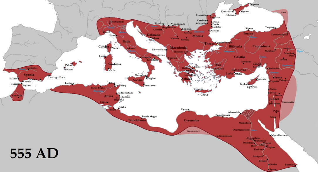 The Eastern Roman Empire/Byzantine Empire at its greatest extent, in 555 AD