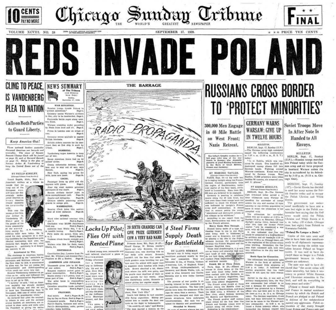 Chicago Sunday Tribune front page from 82 years ago, following the Soviet invasion of Poland