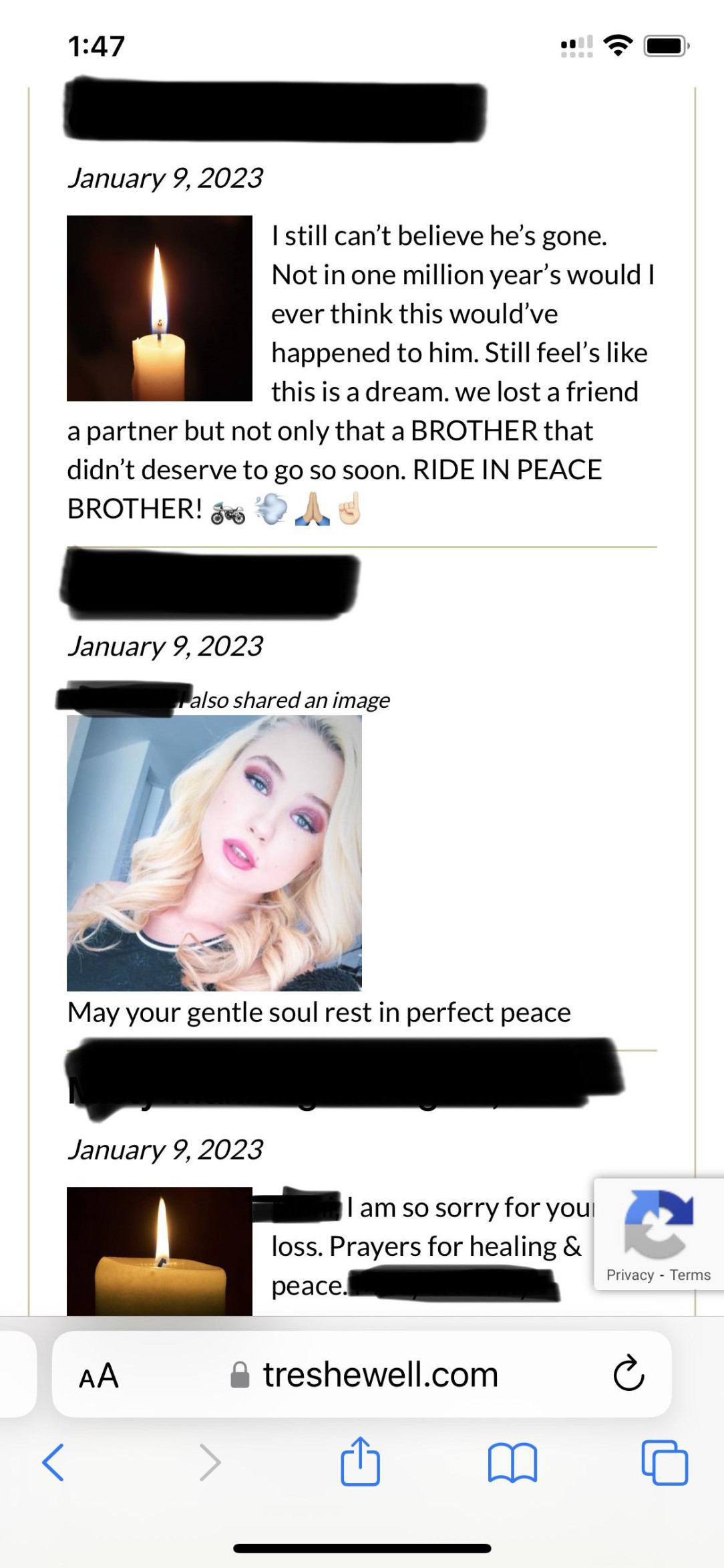Adding a selfie of herself to a memorial page for someone else
