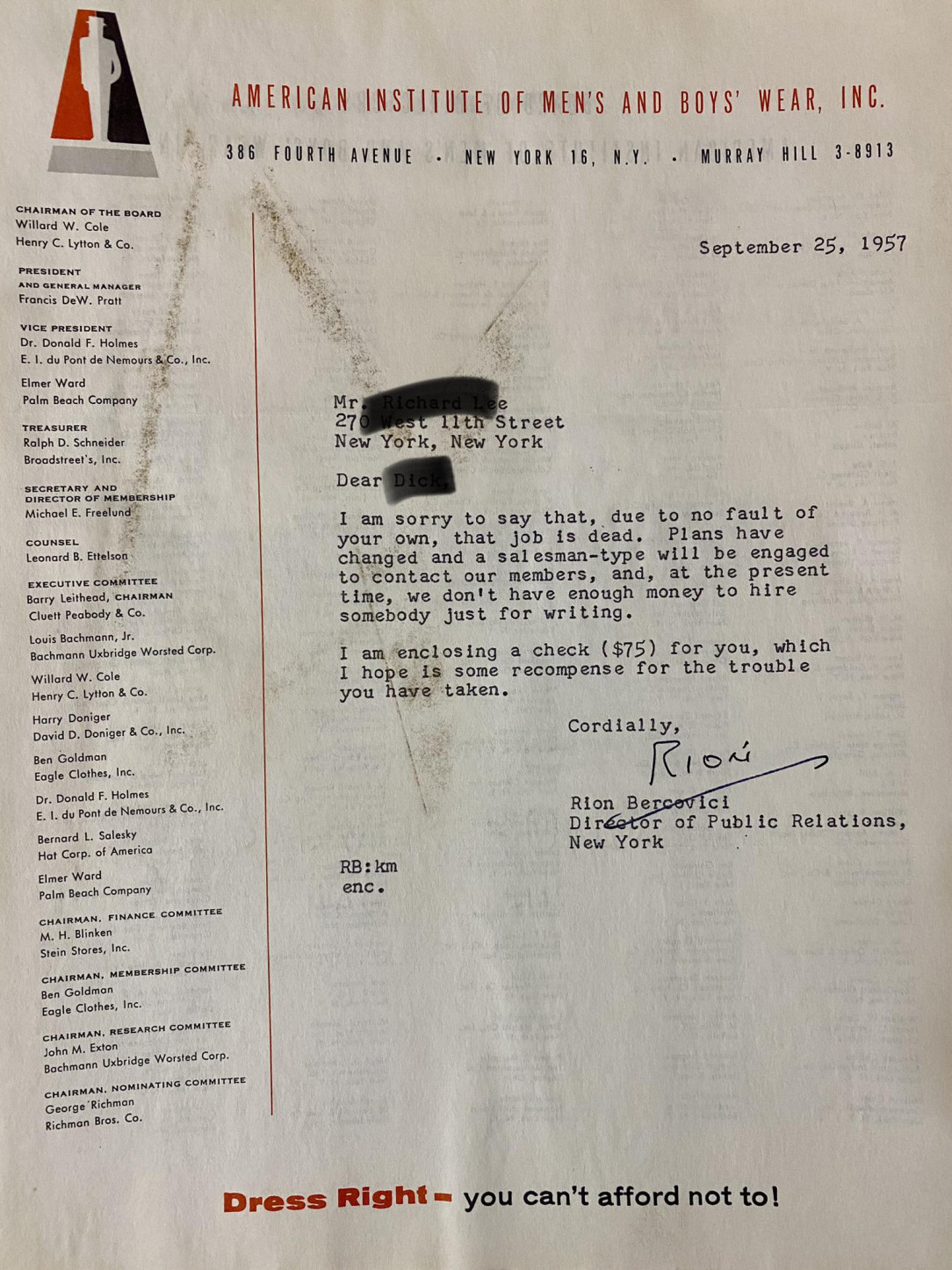 “That job is dead. ” 1957 rejection letter found among old papers