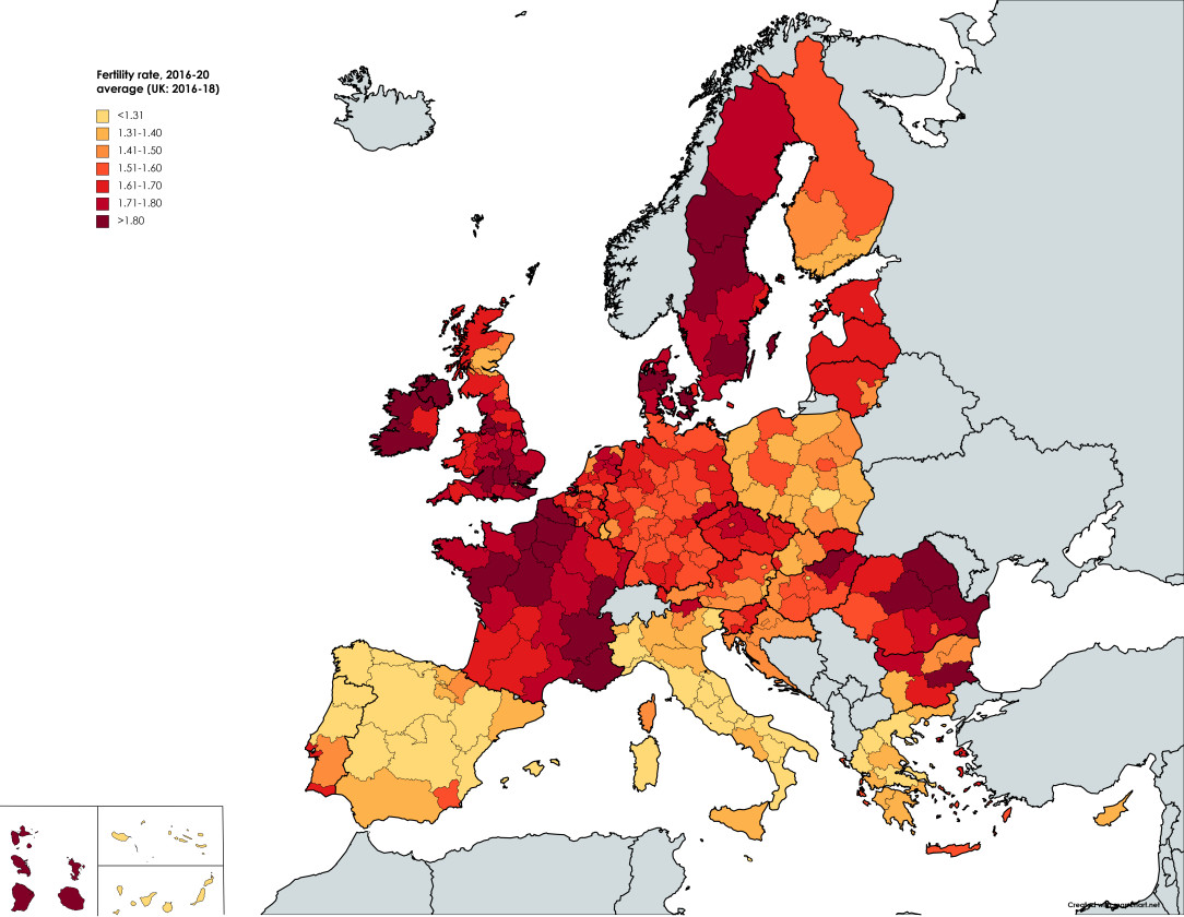 Average number of children per woman in the EU (2016-2020, UK included)