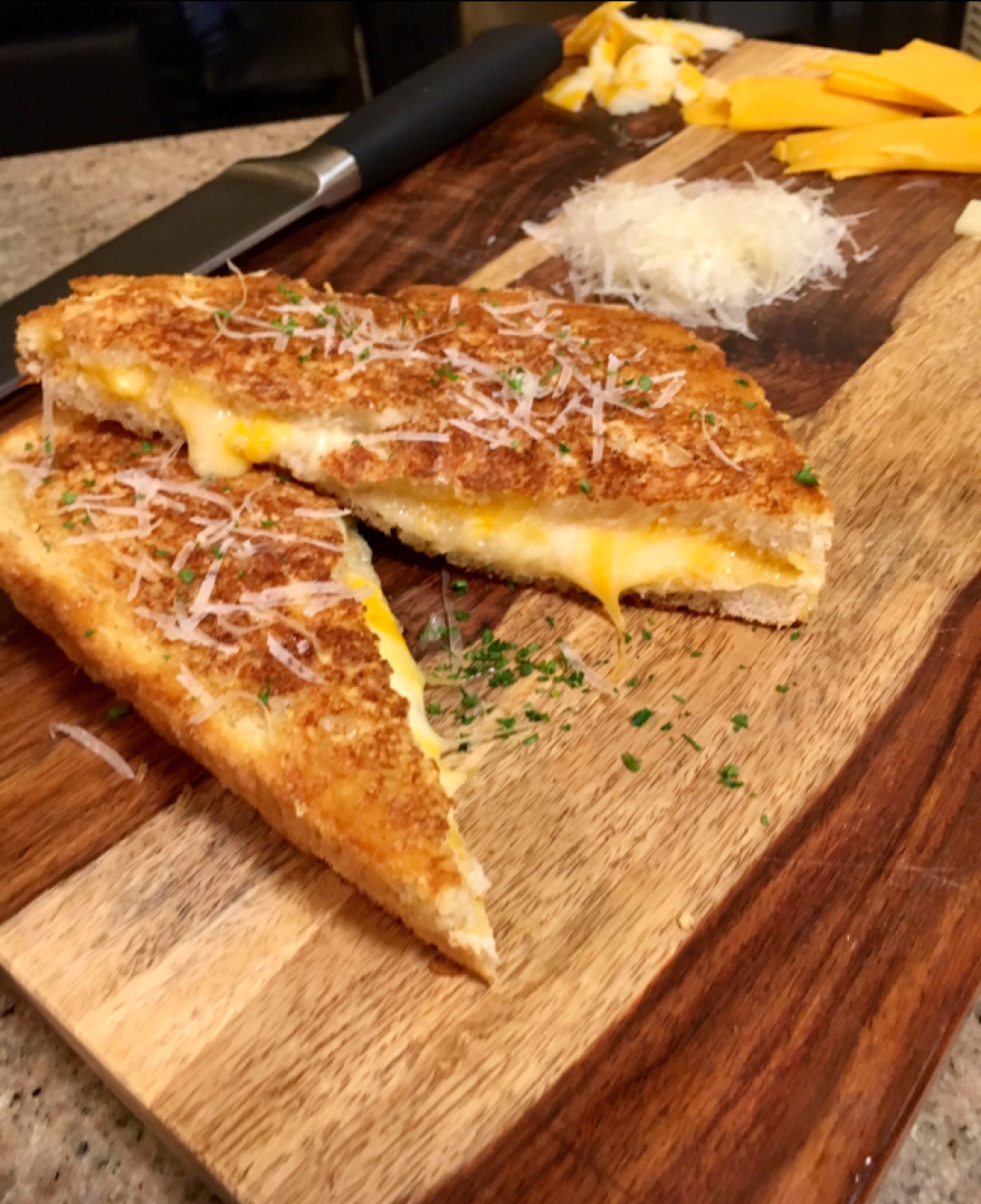 Swiss, Cheddar, Colby jack grilled cheese with a parmesan crust