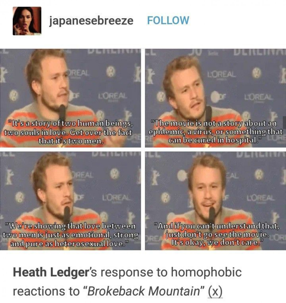 Heath Ledger&#039;s response to homophobia at a Brokeback Mountain press conference made me love him even more