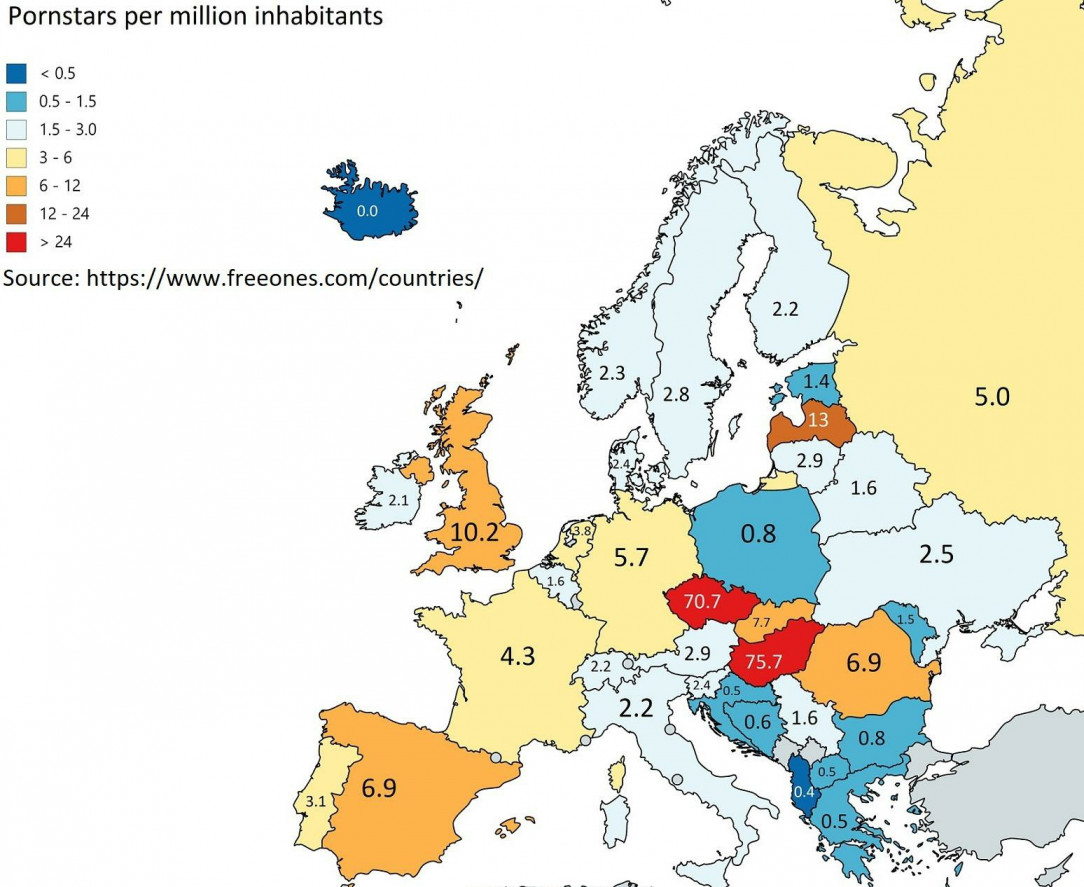 Pornstars per million inhabitants in Europe