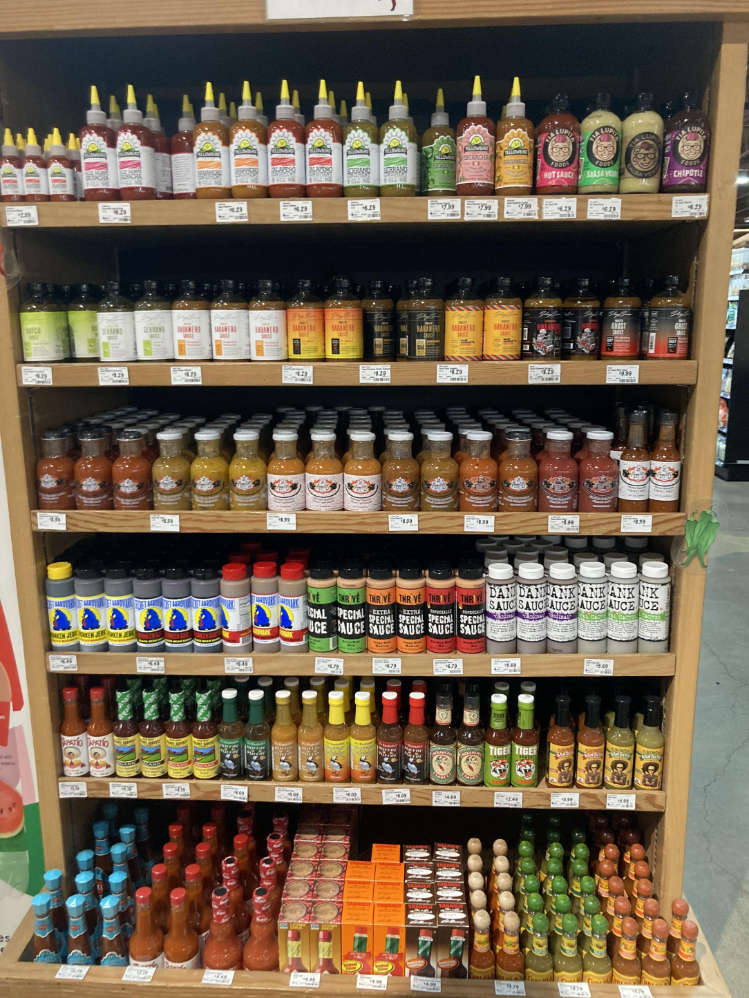 This hot sauce display at a grocery store