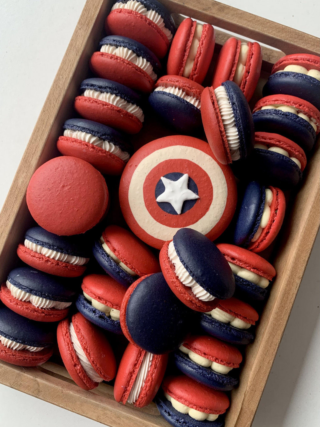 Red, white and blue macarons