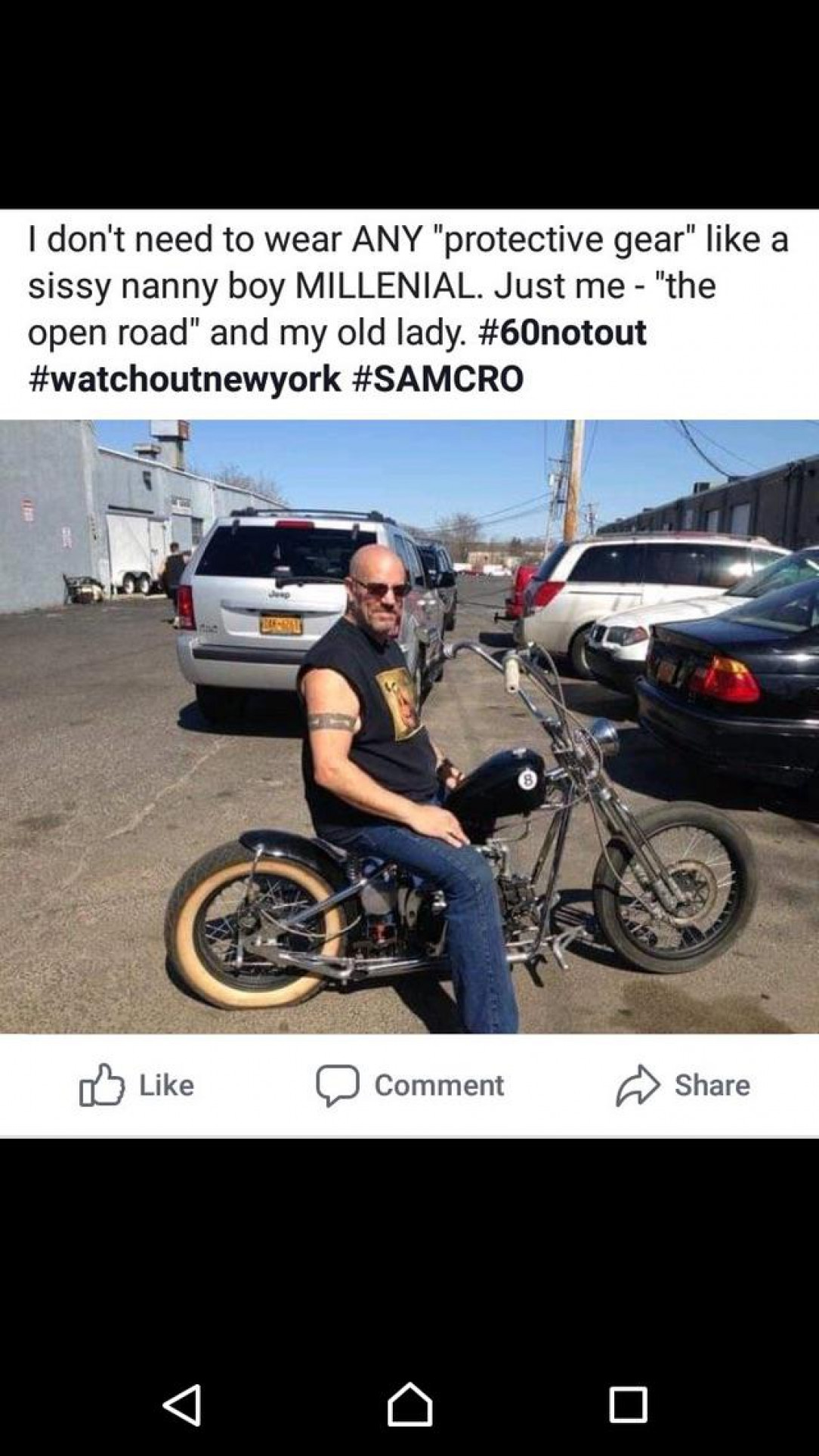 Boomer is bad ass for taking no safety precautions on his bike