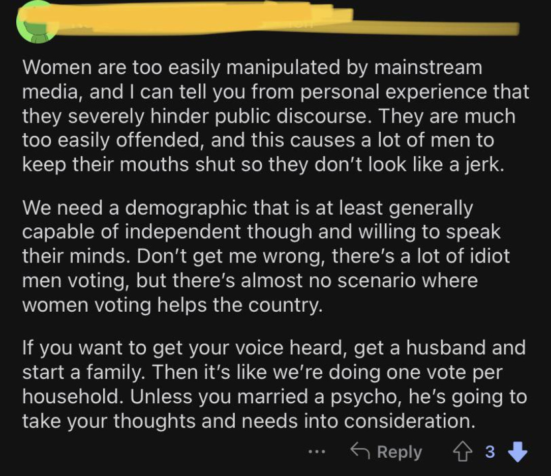 On a post arguing for stripping woman of the right to vote