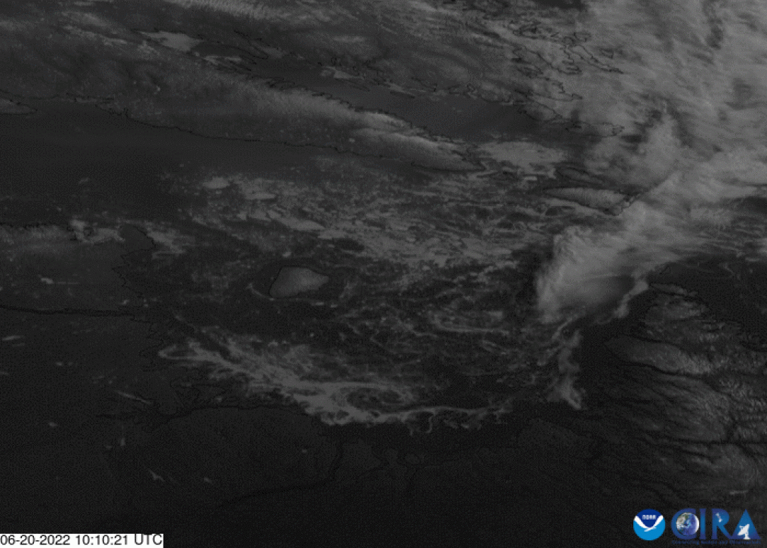 Looks like a simulation: Ice sloshes in Ugava Bay, Canada - GOES-16, 2022-06-22