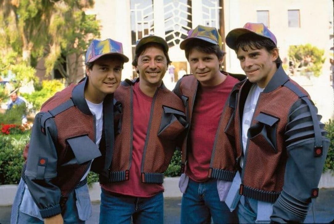 Michael J. Fox with his stunt doubles on the set of Back To The Future 2 - 1989