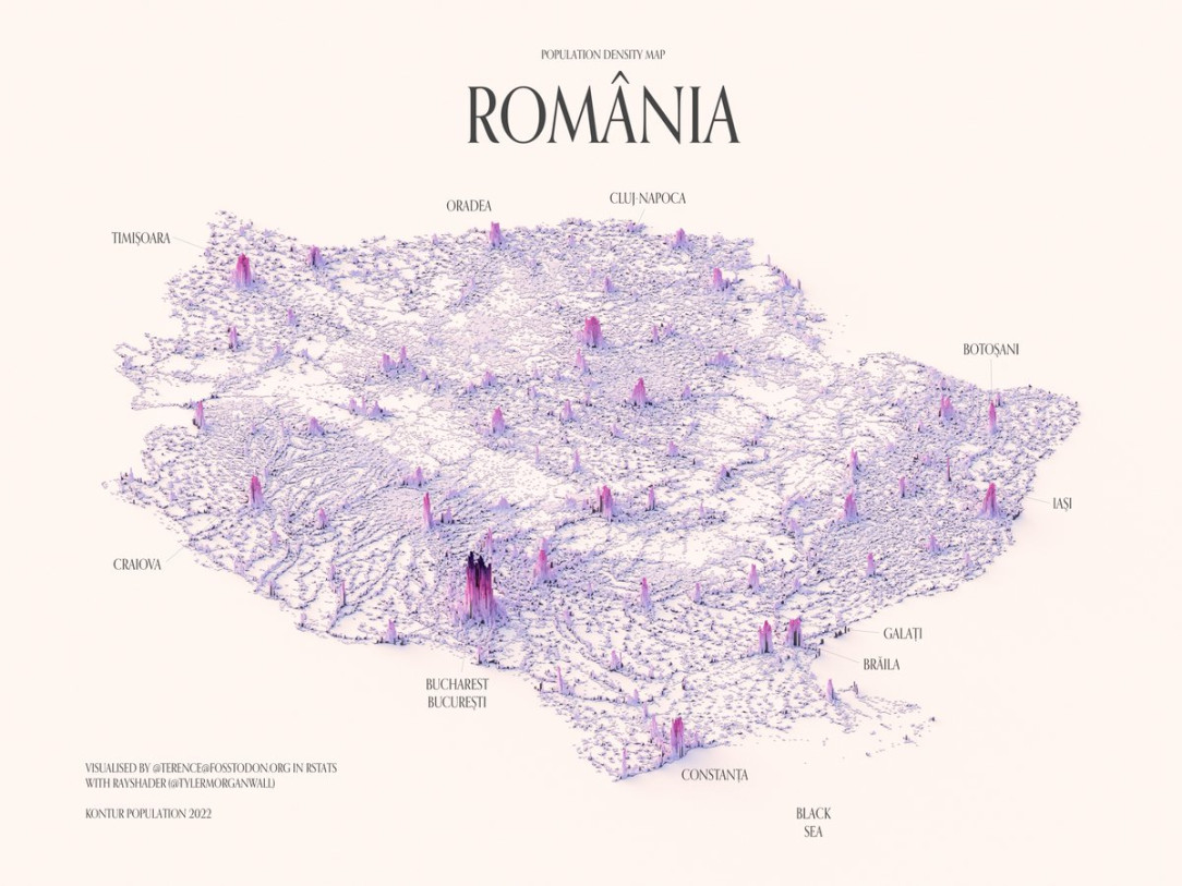 Population density map of Romania