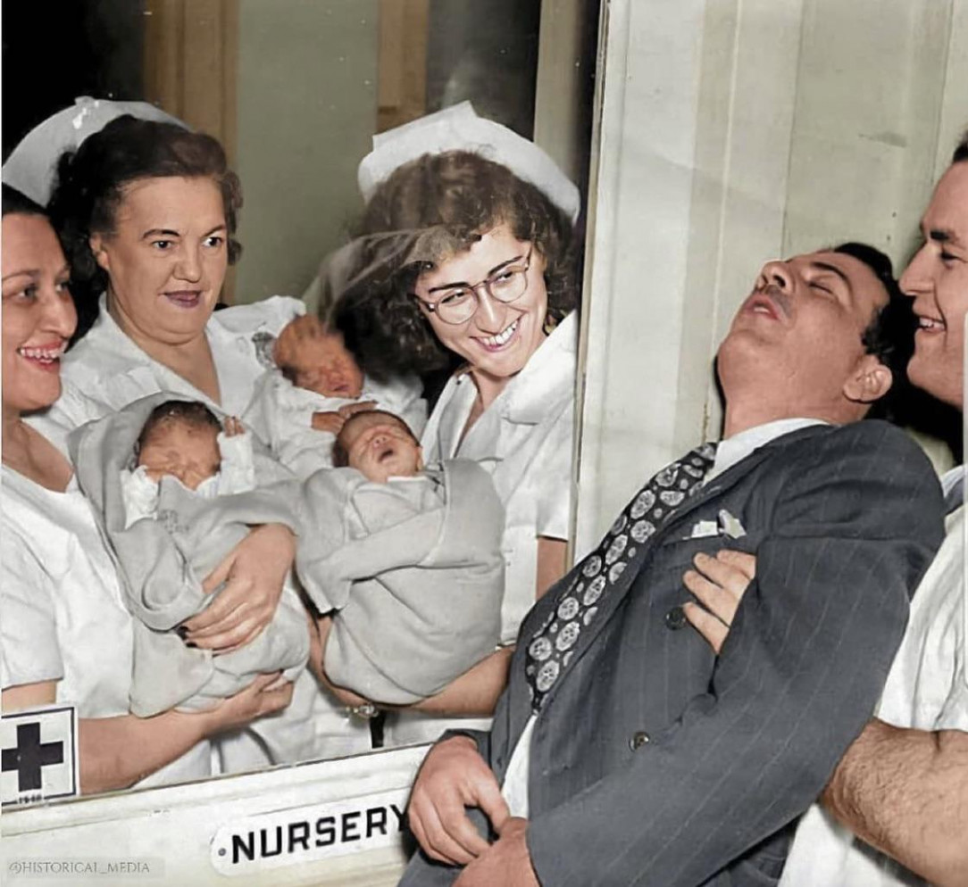 Father faints when he meets his triplet babies for the first time in 1946. This was before ultrasound was invented