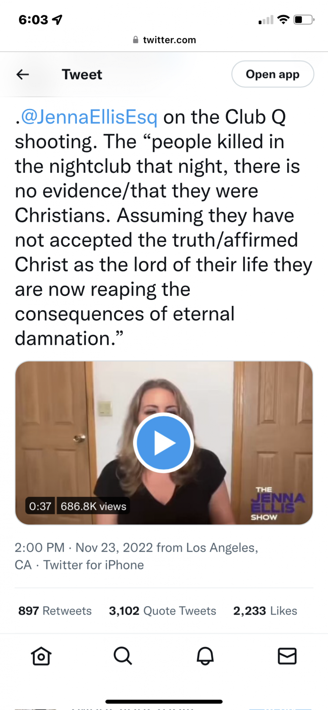 According to failed attorney Jenna Ellis the victims of Club Q are now in hell because they weren’t “Christians”