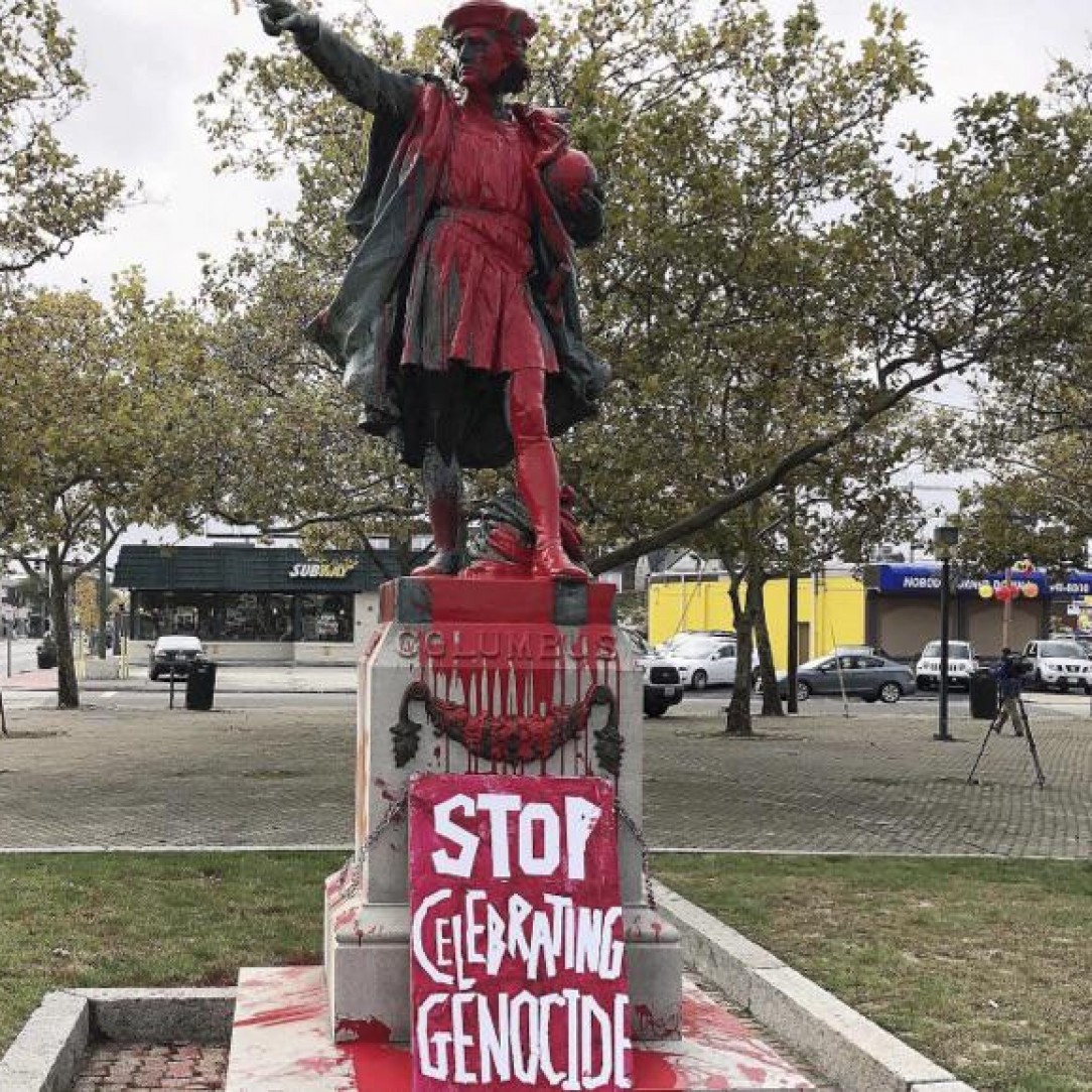 Columbus statue vandalized in providence, rhode island “stop celebrating genocide”