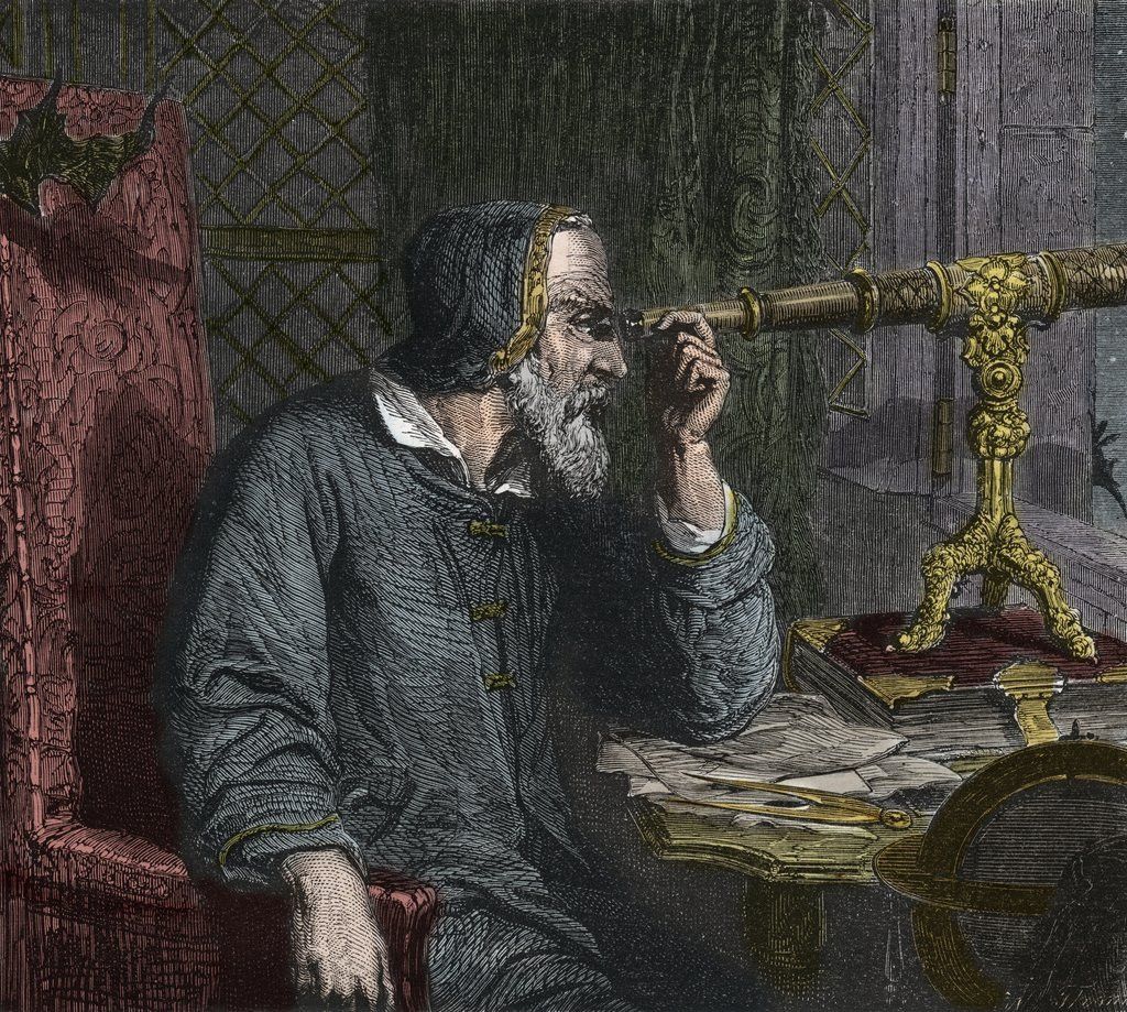 Galileo with his telescope, engraving from 19th century