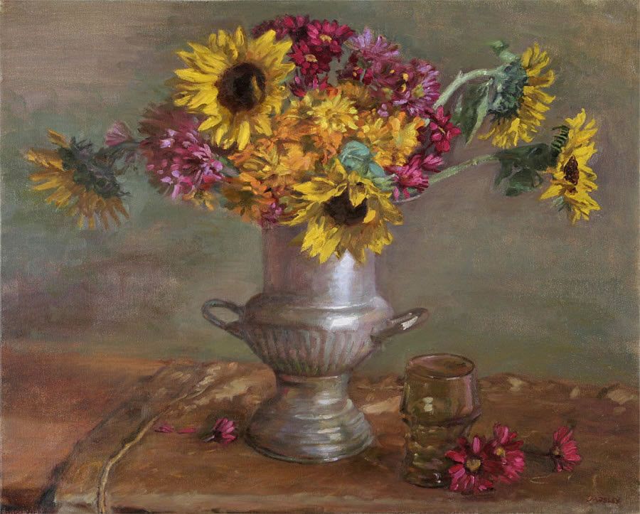 Sunflowers in Silver Urn